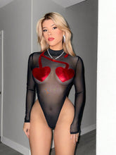 Heart Cherry Patchwork Sheer Mesh High Waist Cutout Bodysuit